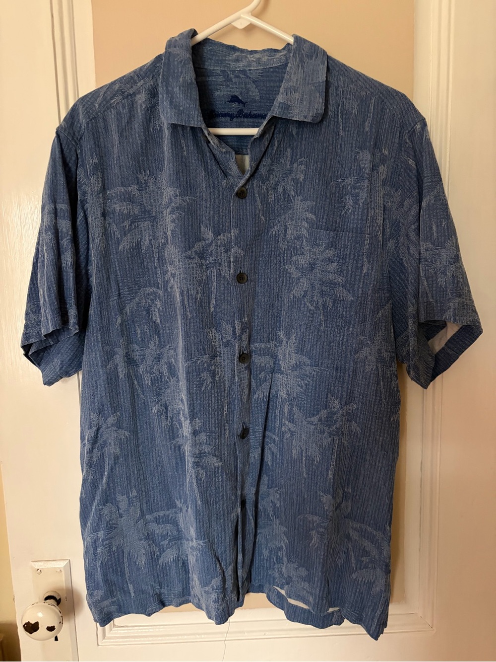 Tommy Bahama Blue Palm-Print Short Sleeve Button-Down Shirt
